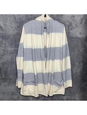 Women’s Open Front Striped Cardigan Sweater Gray White Long Sleeve Pockets Size